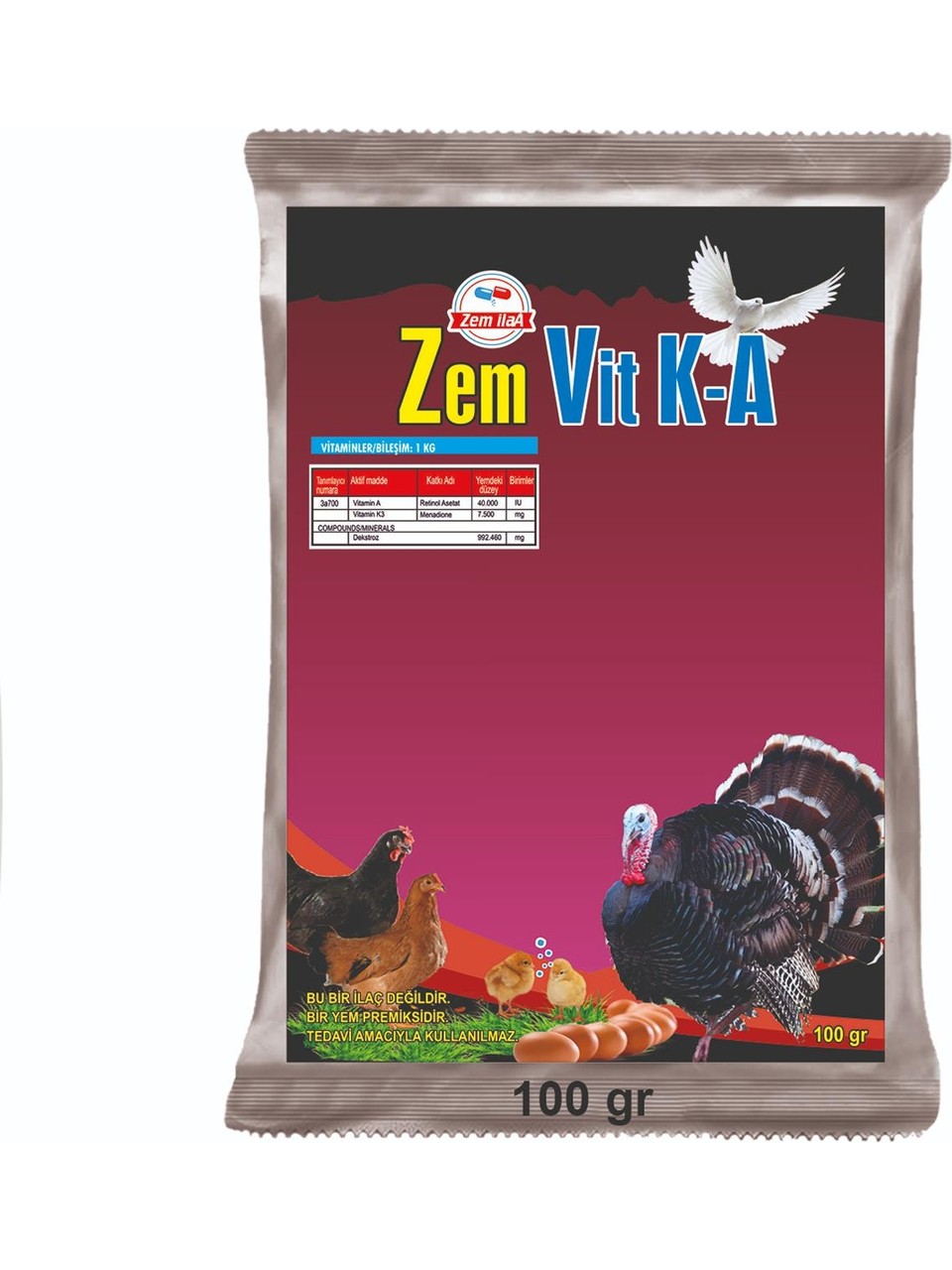 Zem Vit K-A Kanatlı Hayvanları A ve K Vitamin Tozu 100 gr