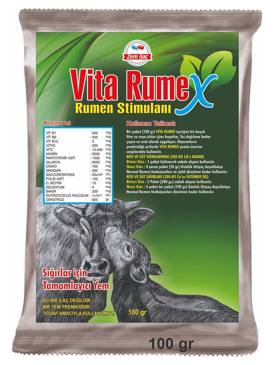 Zem Vita Rumex Büyükbaş Işkembe Dengesi Iştah Açıcı Yem Katkısı 100 gr